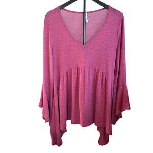 Emerald pink long sleeve V neck babydoll top, flare sleeves. Size L. Y2K retro